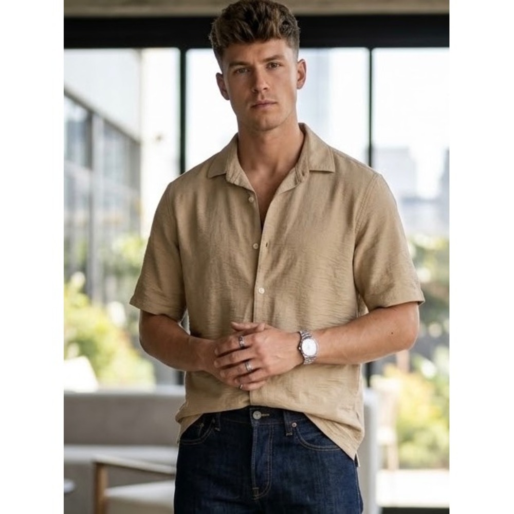 Zara Man Tan Beige Textured Short Sleeve Button Down Shirt Small